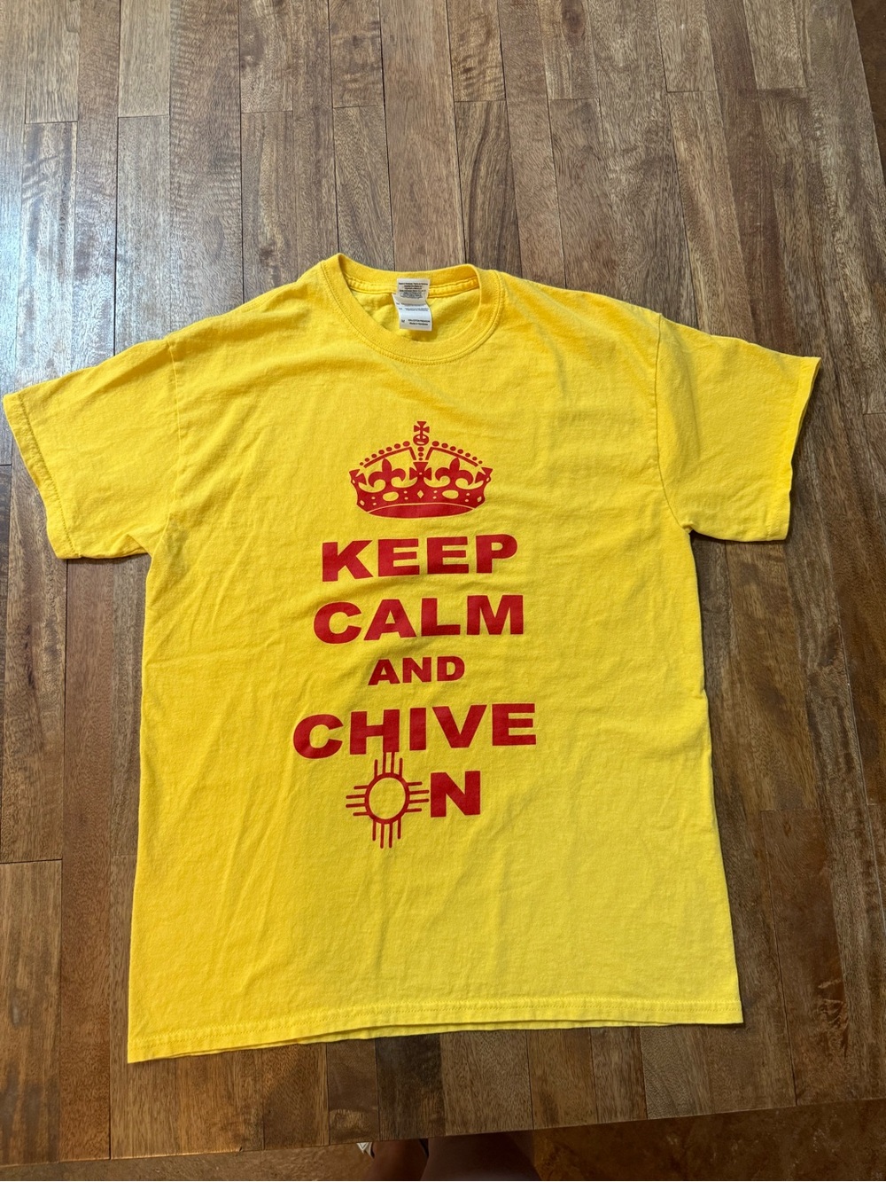 Keep Calm and Chive On Yellow New Mexico Zia Tee with Red Print